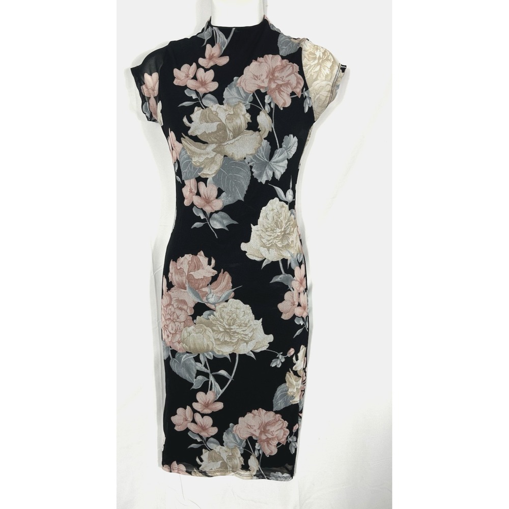 Fashion Nova Women Y2K Fitted Mesh Bodycon Dress Floral Asian Inspired Mock Neck
